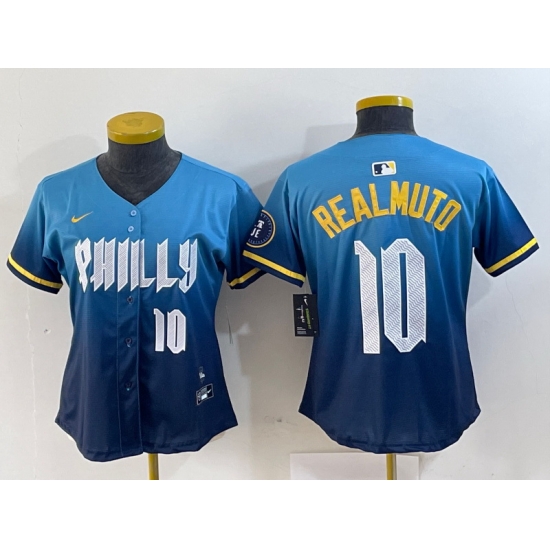 Women Philadelphia Phillies 10 J T Realmuto Blue 2024 City Connect Limited Stitched Baseball Jersey 6 Women Philadelphia Phillies 10 J T Realmuto Blue 2024 City Connect Limited Stitched Baseball Jersey 6