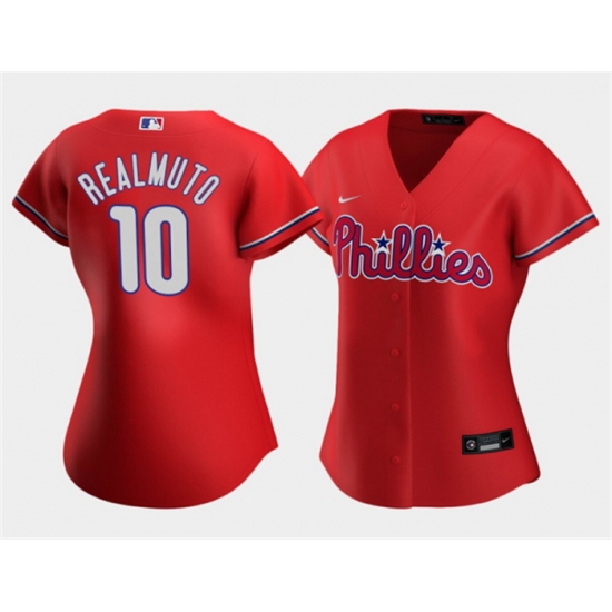 Women Philadelphia Phillies 10 J T Realmuto Red Stitched Baseball Jersey Women Philadelphia Phillies 10 J T Realmuto Red Stitched Baseball Jersey