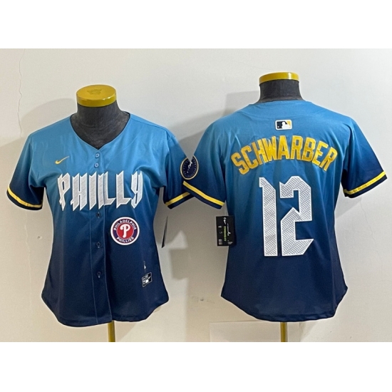 Women Philadelphia Phillies 12 Kyle Schwarber Blue 2024 City Connect Limited Stitched Jersey 7 Women Philadelphia Phillies 12 Kyle Schwarber Blue 2024 City Connect Limited Stitched Jersey 7