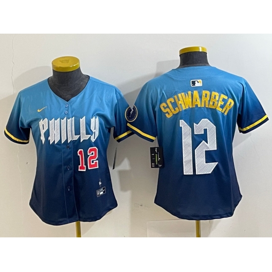 Women Philadelphia Phillies 12 Kyle Schwarber Blue 2024 City Connect Limited Stitched Jersey 8 Women Philadelphia Phillies 12 Kyle Schwarber Blue 2024 City Connect Limited Stitched Jersey 8