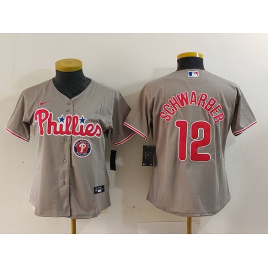 Women Philadelphia Phillies 12 Kyle Schwarber Grey Cool Base Stitched Baseball Jersey 2 Women Philadelphia Phillies 12 Kyle Schwarber Grey Cool Base Stitched Baseball Jersey 2