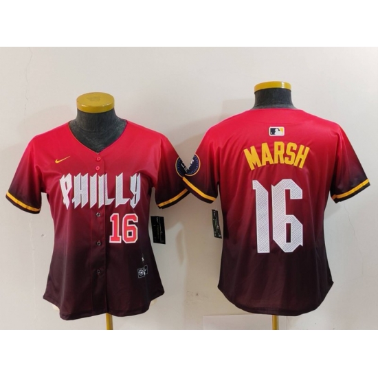 Women Philadelphia Phillies 16 Brandon Marsh Red 2024 City Connect Limited Stitched Baseball Jersey 2 Women Philadelphia Phillies 16 Brandon Marsh Red 2024 City Connect Limited Stitched Baseball Jersey 2