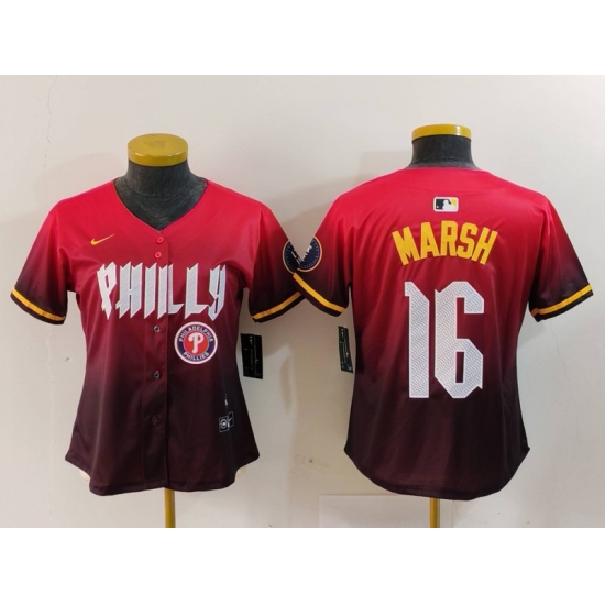 Women Philadelphia Phillies 16 Brandon Marsh Red 2024 City Connect Limited Stitched Baseball Jersey 3 Women Philadelphia Phillies 16 Brandon Marsh Red 2024 City Connect Limited Stitched Baseball Jersey 3