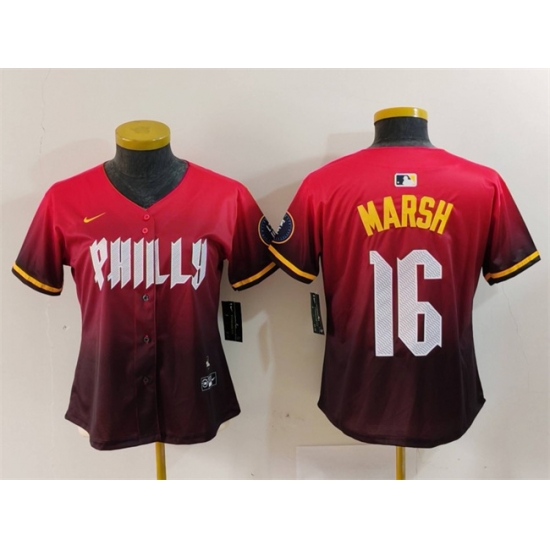 Women Philadelphia Phillies 16 Brandon Marsh Red 2024 City Connect Limited Stitched Baseball Jersey Women Philadelphia Phillies 16 Brandon Marsh Red 2024 City Connect Limited Stitched Baseball Jersey