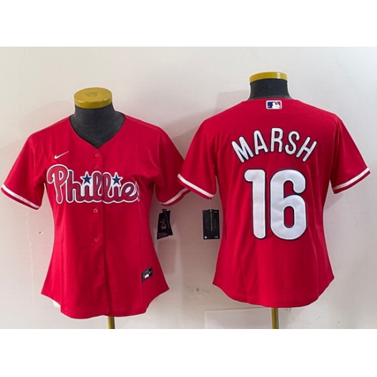 Women Philadelphia Phillies 16 Brandon Marsh Red Stitched Baseball Jersey Women Philadelphia Phillies 16 Brandon Marsh Red Stitched Baseball Jersey