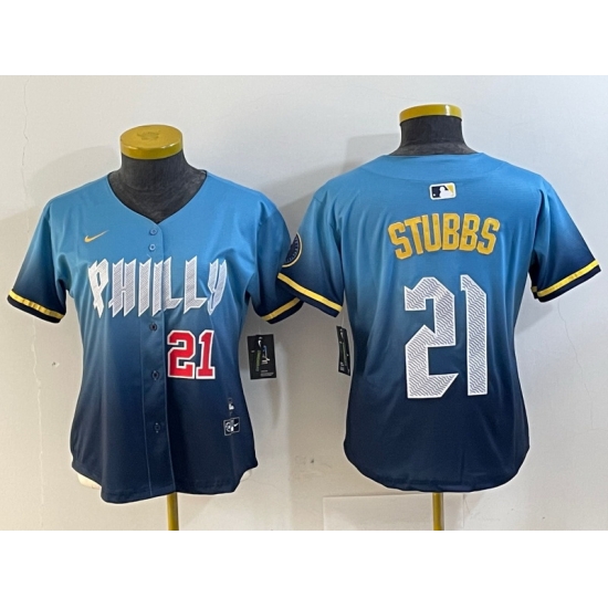 Women Philadelphia Phillies 21 Garrett Stubbs Blue 2024 City Connect Limited Stitched Jersey Women Philadelphia Phillies 21 Garrett Stubbs Blue 2024 City Connect Limited Stitched Jersey