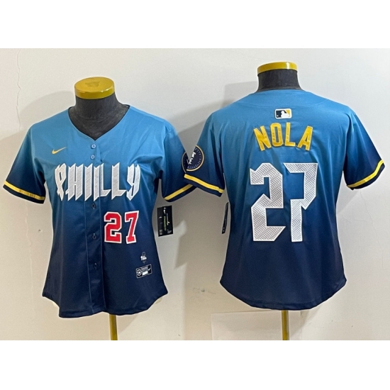 Women Philadelphia Phillies 27 Aaron Nola Blue 2024 City Connect Limited Stitched Baseball Jersey 2 Women Philadelphia Phillies 27 Aaron Nola Blue 2024 City Connect Limited Stitched Baseball Jersey 2
