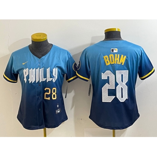 Women Philadelphia Phillies 28 Alec Bohm Blue 2024 City Connect Limited Stitched Baseball Jersey 2 Women Philadelphia Phillies 28 Alec Bohm Blue 2024 City Connect Limited Stitched Baseball Jersey 2