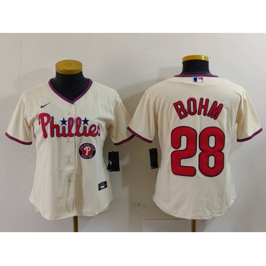 Women Philadelphia Phillies 28 Alec Bohm Cream Cool Base Stitched Baseball Jersey 3 Women Philadelphia Phillies 28 Alec Bohm Cream Cool Base Stitched Baseball Jersey 3