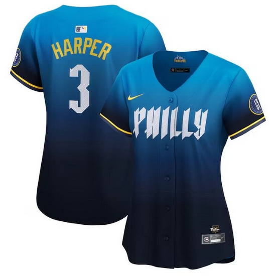 Women Philadelphia Phillies 3 Bryce Harper Blue 2024 City Connect Limited Stitched Baseball Jersey Women Philadelphia Phillies 3 Bryce Harper Blue 2024 City Connect Limited Stitched Baseball Jersey