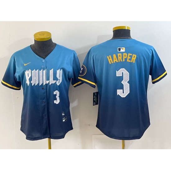 Women Philadelphia Phillies 3 Bryce Harper Blue 2024 City Connect Limited Stitched Jersey 6 Women Philadelphia Phillies 3 Bryce Harper Blue 2024 City Connect Limited Stitched Jersey 6