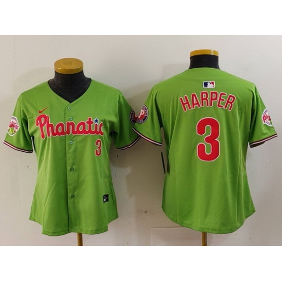 Women Philadelphia Phillies 3 Bryce Harper Green With Patch Stitched Baseball Jersey Women Philadelphia Phillies 3 Bryce Harper Green With Patch Stitched Baseball Jersey