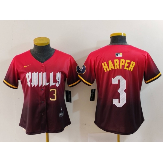 Women Philadelphia Phillies 3 Bryce Harper Red 2024 City Connect Limited Stitched Baseball Jersey 1 Women Philadelphia Phillies 3 Bryce Harper Red 2024 City Connect Limited Stitched Baseball Jersey 1