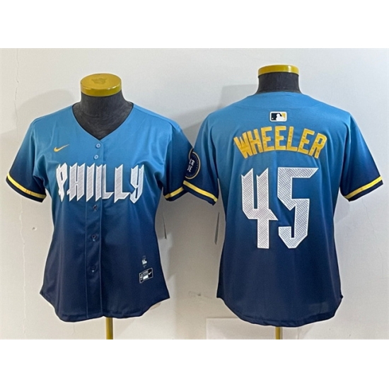 Women Philadelphia Phillies 45 Zack Wheeler Blue 2024 City Connect Limited Stitched Baseball Jersey Women Philadelphia Phillies 45 Zack Wheeler Blue 2024 City Connect Limited Stitched Baseball Jersey