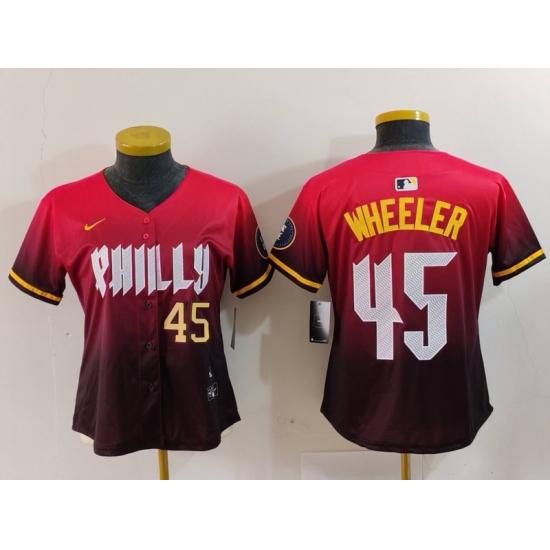Women Philadelphia Phillies 45 Zack Wheeler Red 2024 City Connect Limited Stitched Baseball Jersey 2 Women Philadelphia Phillies 45 Zack Wheeler Red 2024 City Connect Limited Stitched Baseball Jersey 2