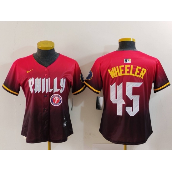 Women Philadelphia Phillies 45 Zack Wheeler Red 2024 City Connect Limited Stitched Baseball Jersey 3 Women Philadelphia Phillies 45 Zack Wheeler Red 2024 City Connect Limited Stitched Baseball Jersey 3