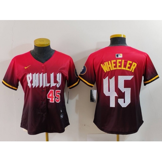 Women Philadelphia Phillies 45 Zack Wheeler Red 2024 City Connect Limited Stitched Baseball Jersey 7 Women Philadelphia Phillies 45 Zack Wheeler Red 2024 City Connect Limited Stitched Baseball Jersey 7