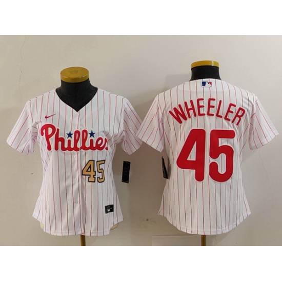 Women Philadelphia Phillies 45 Zack Wheeler White Stitched Baseball Jersey 2 Women Philadelphia Phillies 45 Zack Wheeler White Stitched Baseball Jersey 2
