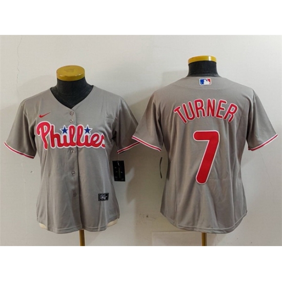 Women Philadelphia Phillies 7 Trea Turner Grey Cool Base Stitched Baseball Jersey Women Philadelphia Phillies 7 Trea Turner Grey Cool Base Stitched Baseball Jersey