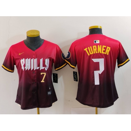 Women Philadelphia Phillies 7 Trea Turner Red 2024 City Connect Limited Stitched Baseball Jersey 5 Women Philadelphia Phillies 7 Trea Turner Red 2024 City Connect Limited Stitched Baseball Jersey 5