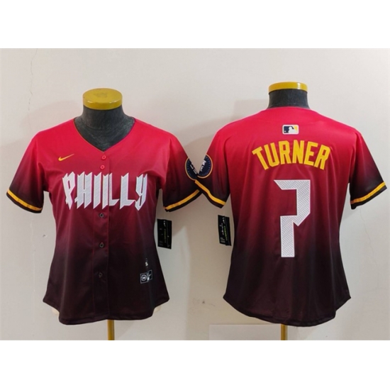 Women Philadelphia Phillies 7 Trea Turner Red 2024 City Connect Limited Stitched Baseball Jersey Women Philadelphia Phillies 7 Trea Turner Red 2024 City Connect Limited Stitched Baseball Jersey