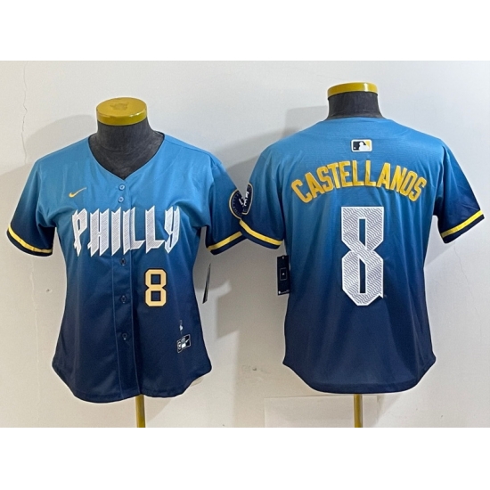 Women Philadelphia Phillies 8 Nick Castellanos Blue 2024 City Connect Limited Stitched Jersey 2 Women Philadelphia Phillies 8 Nick Castellanos Blue 2024 City Connect Limited Stitched Jersey 2