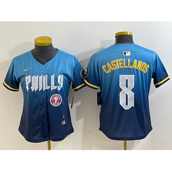 Women Philadelphia Phillies 8 Nick Castellanos Blue 2024 City Connect Limited Stitched Jersey Women Philadelphia Phillies 8 Nick Castellanos Blue 2024 City Connect Limited Stitched Jersey