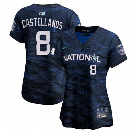 Women Philadelphia Phillies 8 Nick Castellanos Royal 2023 All Star Stitched Baseball Jersey Women Philadelphia Phillies 8 Nick Castellanos Royal 2023 All Star Stitched Baseball Jersey