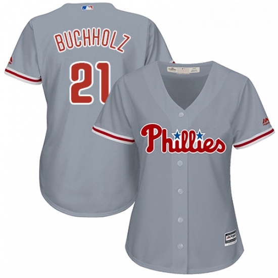 Womens Majestic Philadelphia Phillies 21 Clay Buchholz Replica Grey Road Cool Base MLB Jersey Womens Majestic Philadelphia Phillies 21 Clay Buchholz Replica Grey Road Cool Base MLB Jersey