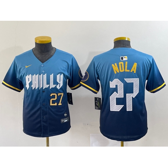 Youth Philadelphia Phillies 27 Aaron Nola Blue 2024 City Connect Limited Stitched Baseball Jersey 6 Youth Philadelphia Phillies 27 Aaron Nola Blue 2024 City Connect Limited Stitched Baseball Jersey 6