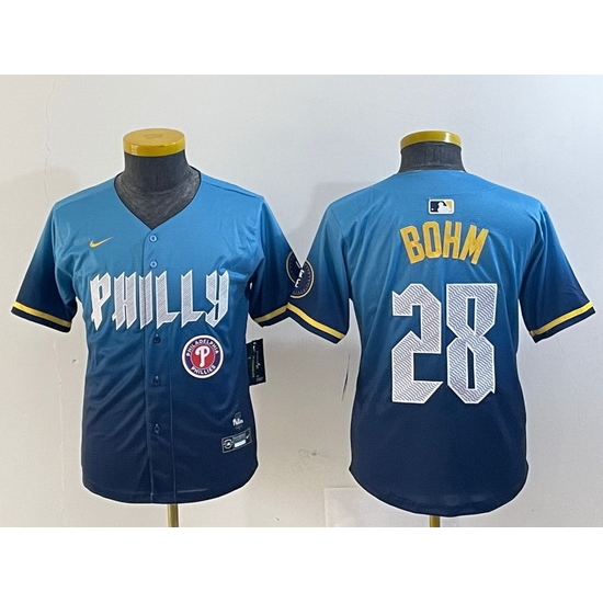 Youth Philadelphia Phillies 28 Alec Bohm Blue 2024 City Connect Limited Stitched Baseball Jersey 1 Youth Philadelphia Phillies 28 Alec Bohm Blue 2024 City Connect Limited Stitched Baseball Jersey 1