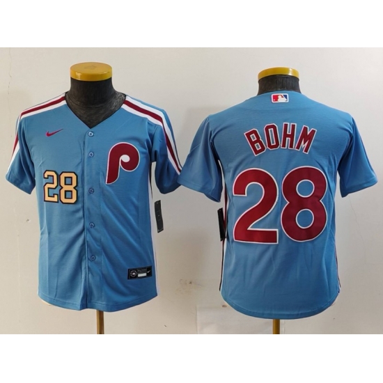Youth Philadelphia Phillies 28 Alec Bohm Blue Cool Base Stitched Baseball Jersey 1 Youth Philadelphia Phillies 28 Alec Bohm Blue Cool Base Stitched Baseball Jersey 1