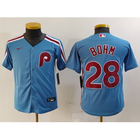 Youth Philadelphia Phillies 28 Alec Bohm Blue Cool Base Stitched Baseball Jersey 3 Youth Philadelphia Phillies 28 Alec Bohm Blue Cool Base Stitched Baseball Jersey 3