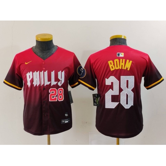 Youth Philadelphia Phillies 28 Alec Bohm Red 2024 City Connect Limited Stitched Baseball Jersey 5 Youth Philadelphia Phillies 28 Alec Bohm Red 2024 City Connect Limited Stitched Baseball Jersey 5
