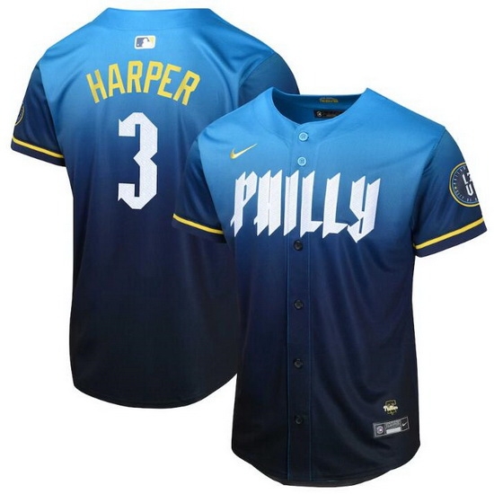 Youth Philadelphia Phillies 3 Bryce Harper Blue 2024 City Connect Limited Stitched Baseball Jersey Youth Philadelphia Phillies 3 Bryce Harper Blue 2024 City Connect Limited Stitched Baseball Jersey