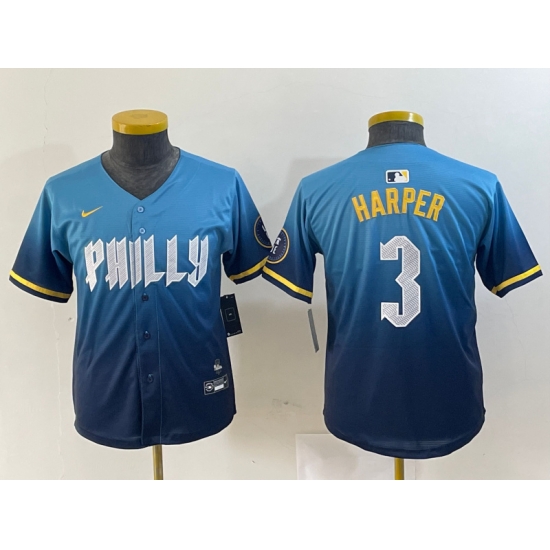Youth Philadelphia Phillies 3 Bryce Harper Blue 2024 City Connect Limited Stitched Jersey Youth Philadelphia Phillies 3 Bryce Harper Blue 2024 City Connect Limited Stitched Jersey