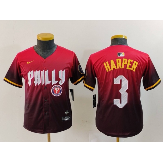 Youth Philadelphia Phillies 3 Bryce Harper Red 2024 City Connect Limited Stitched Baseball Jersey 1 Youth Philadelphia Phillies 3 Bryce Harper Red 2024 City Connect Limited Stitched Baseball Jersey 1