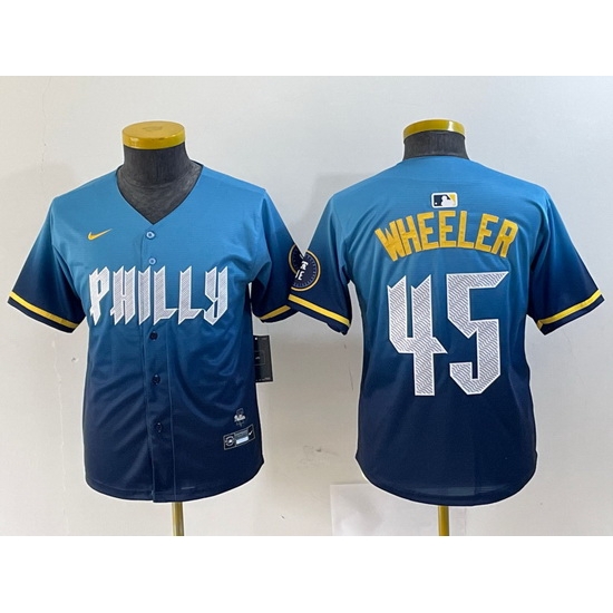 Youth Philadelphia Phillies 45 Zack Wheeler Blue 2024 City Connect Limited Stitched Baseball Jersey 6 Youth Philadelphia Phillies 45 Zack Wheeler Blue 2024 City Connect Limited Stitched Baseball Jersey 6