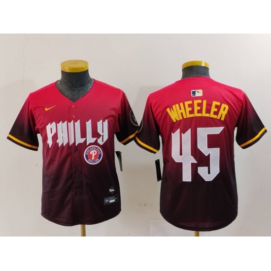 Youth Philadelphia Phillies 45 Zack Wheeler Red 2024 City Connect Limited Stitched Baseball Jersey 1 Youth Philadelphia Phillies 45 Zack Wheeler Red 2024 City Connect Limited Stitched Baseball Jersey 1