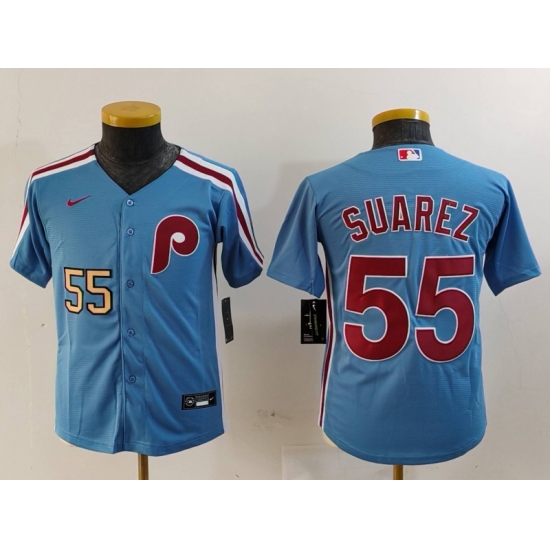 Youth Philadelphia Phillies 55 Ranger Suarez Blue Cool Base Stitched Baseball Jersey 9 Youth Philadelphia Phillies 55 Ranger Suarez Blue Cool Base Stitched Baseball Jersey 9