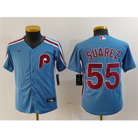 Youth Philadelphia Phillies 55 Ranger Suarez Blue Cool Base Stitched Baseball Jersey Youth Philadelphia Phillies 55 Ranger Suarez Blue Cool Base Stitched Baseball Jersey