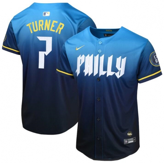 Youth Philadelphia Phillies 7 Trea Turner Blue 2024 City Connect Limited Stitched Baseball Jersey Youth Philadelphia Phillies 7 Trea Turner Blue 2024 City Connect Limited Stitched Baseball Jersey