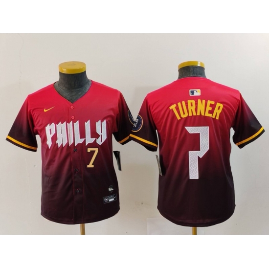 Youth Philadelphia Phillies 7 Trea Turner Red 2024 City Connect Limited Stitched Baseball Jersey 2 Youth Philadelphia Phillies 7 Trea Turner Red 2024 City Connect Limited Stitched Baseball Jersey 2