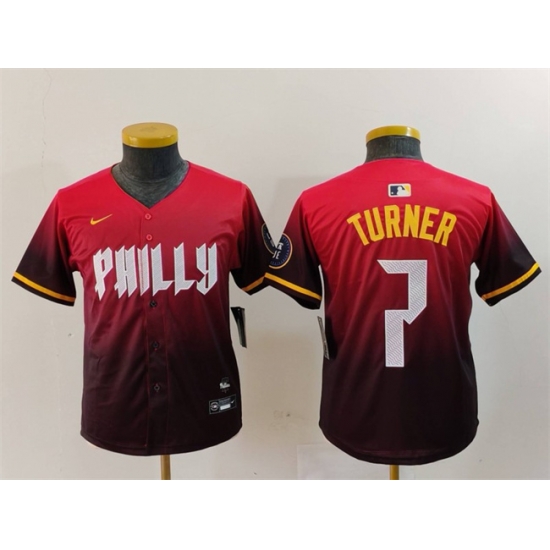 Youth Philadelphia Phillies 7 Trea Turner Red 2024 City Connect Limited Stitched Baseball Jersey Youth Philadelphia Phillies 7 Trea Turner Red 2024 City Connect Limited Stitched Baseball Jersey