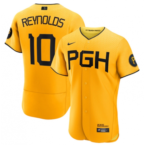 Men Pittsburgh Pirates 10 Bryan Reynolds Gold 2023 City Connect Flex Base Stitched Jersey Men Pittsburgh Pirates 10 Bryan Reynolds Gold 2023 City Connect Flex Base Stitched Jersey
