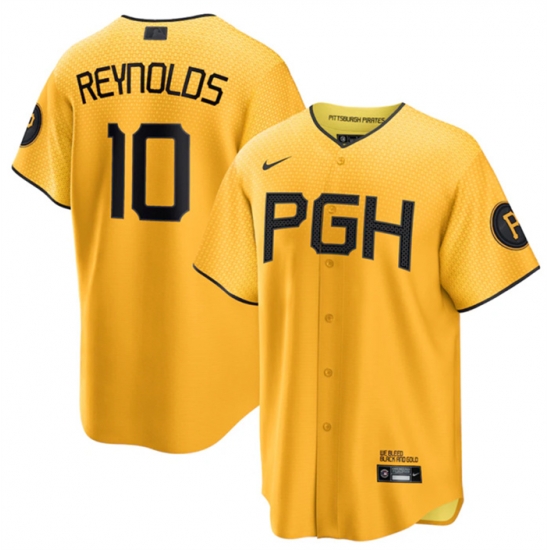 Men Pittsburgh Pirates 10 Bryan Reynolds Gold 2023 City Connect Stitched Jersey Men Pittsburgh Pirates 10 Bryan Reynolds Gold 2023 City Connect Stitched Jersey