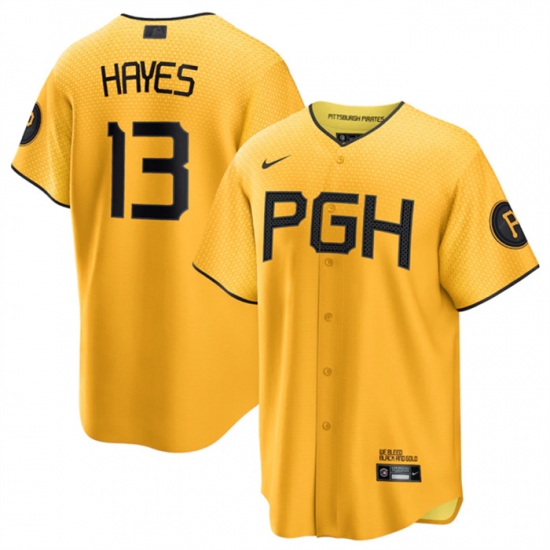 Men Pittsburgh Pirates 13 Ke 27Bryan Hayes Gold 2023 City Connect Stitched Jersey Men Pittsburgh Pirates 13 Ke 27Bryan Hayes Gold 2023 City Connect Stitched Jersey