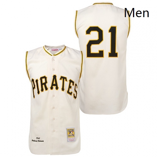 Mens Mitchell and Ness 1960 Pittsburgh Pirates 21 Roberto Clemente Authentic Cream Throwback MLB Jersey Mens Mitchell and Ness 1960 Pittsburgh Pirates 21 Roberto Clemente Authentic Cream Throwback MLB Jersey
