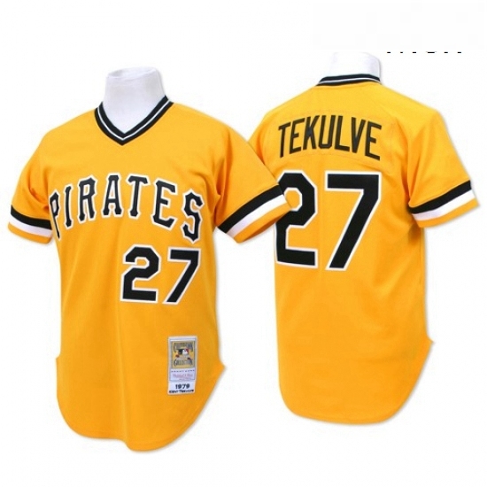 Mens Mitchell and Ness Pittsburgh Pirates 27 Kent Tekulve Replica Gold Throwback MLB Jersey Mens Mitchell and Ness Pittsburgh Pirates 27 Kent Tekulve Replica Gold Throwback MLB Jersey