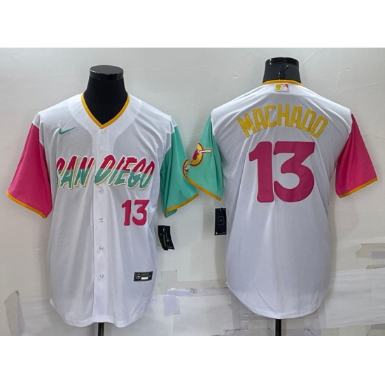 Men San Diego Padres 13 Manny Machado 2022 White City Connect Cool Base Stitched Jersey Men San Diego Padres 13 Manny Machado 2022 White City Connect Cool Base Stitched Jersey